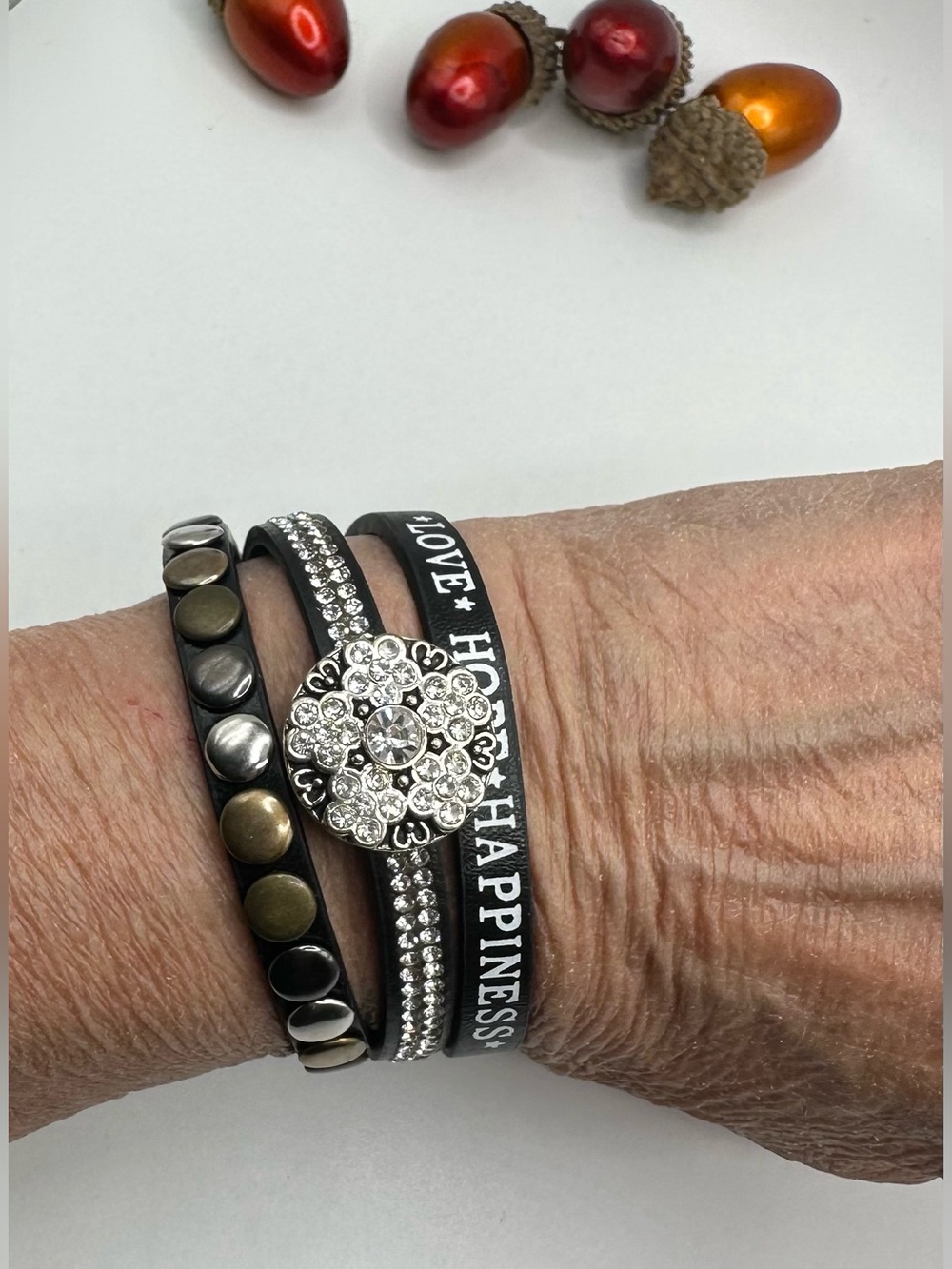 Love, Hope, Happiness Black Leather Bracelet w/ Sparkling Sunflower Snap! VIDEO!